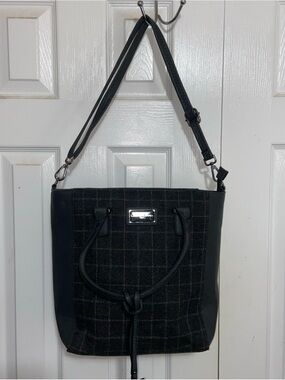 Christian Lacroix Black Plaid Shoulder Bag with Leather Trim